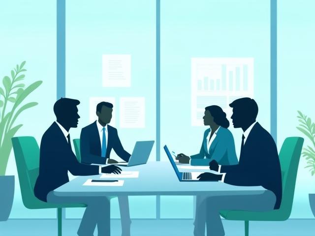 Ilustración de consultoría estratégica de alto nivel con profesionales en reunión